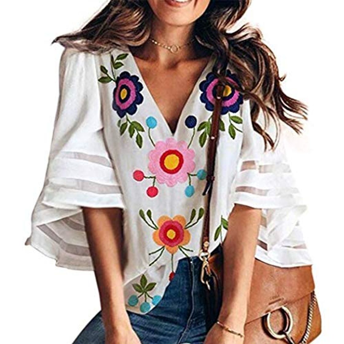 Fashion Curt Sharaah Blusa Suelta Casual con Cuello en V y Estampado Floral para Mujer Blanco Blanco 1 XL