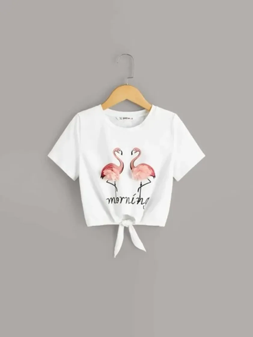 Fashion Girls Applique Detail Flamingo and Letter Knot Tee | SHEIN Singapore