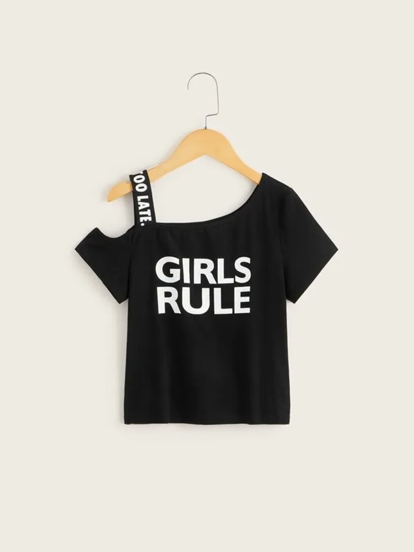 Moda Girls Slogan Graphic Asymmetrical Neck Tee | SHEIN USA