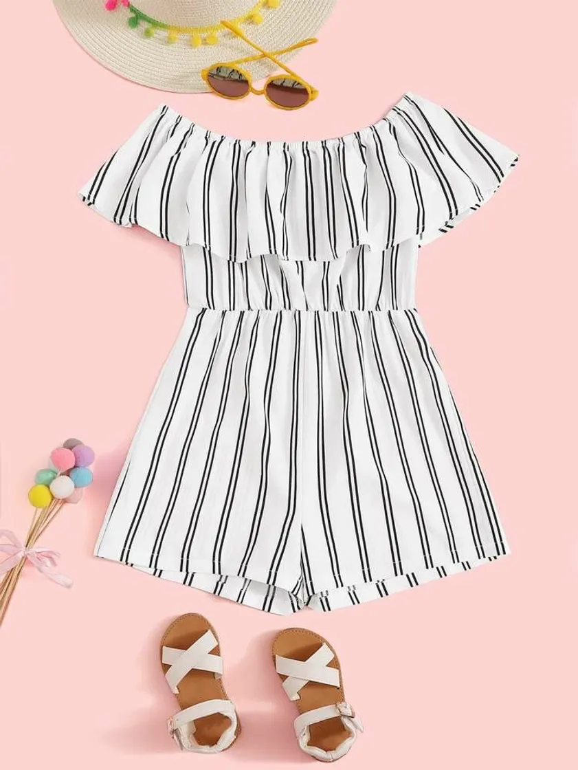 Fashion Flounce Foldover Off Shoulder Striped Romper | SHEIN USA