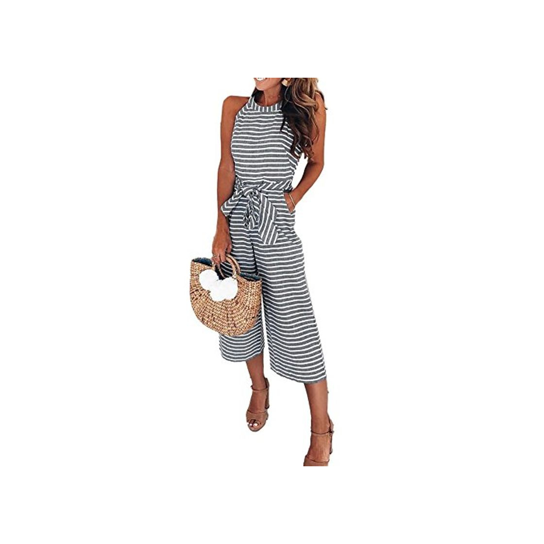 Product Lover-Beauty Mono Largo Mujer Verano Casual Raya Vendaje en Cintura Alta con