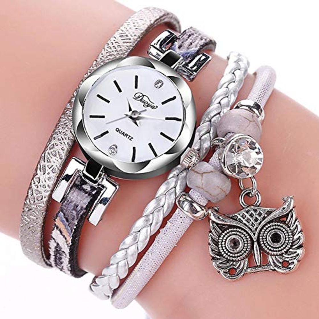 Moda DMUEZW Multicolor Trenzado Pulseras de Cuero Plata Antigua búho Colgante Pulsera Relojes para Mujeres niñas Reloj de Pulsera