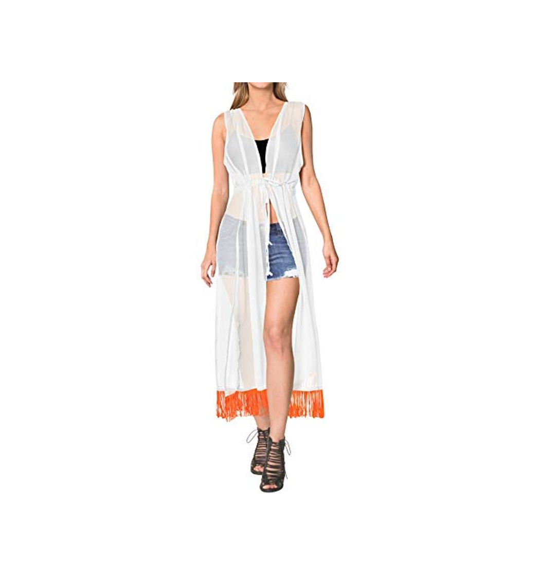 Moda LA LEELA Cosplay Disfraces De Fiesta De Halloween Mujeres de Gasa Praia de Encaje Largo Kimono Cardigan Ganchillo de La Vendimia Borlas Midi Vestido Exóticas Protector Solar Ropa de Playa Blanco_A285