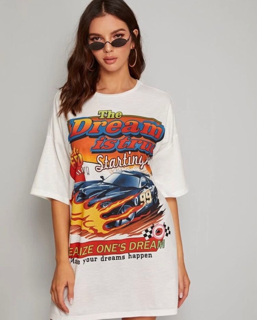 Fashion SHEIN-CAR & slogan Graphic Tee Dress 