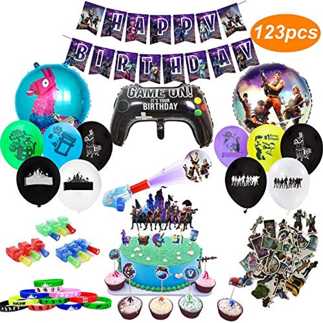 Productos Artículos de Fiestas para Fanáticos de los Videojuegos 123PCS Decoraciones para Cumpleaños de Tema de Videojuegos con Globos Pancartas Pulseras Luces de Dedo Pegatinas Adornos para Pasteles