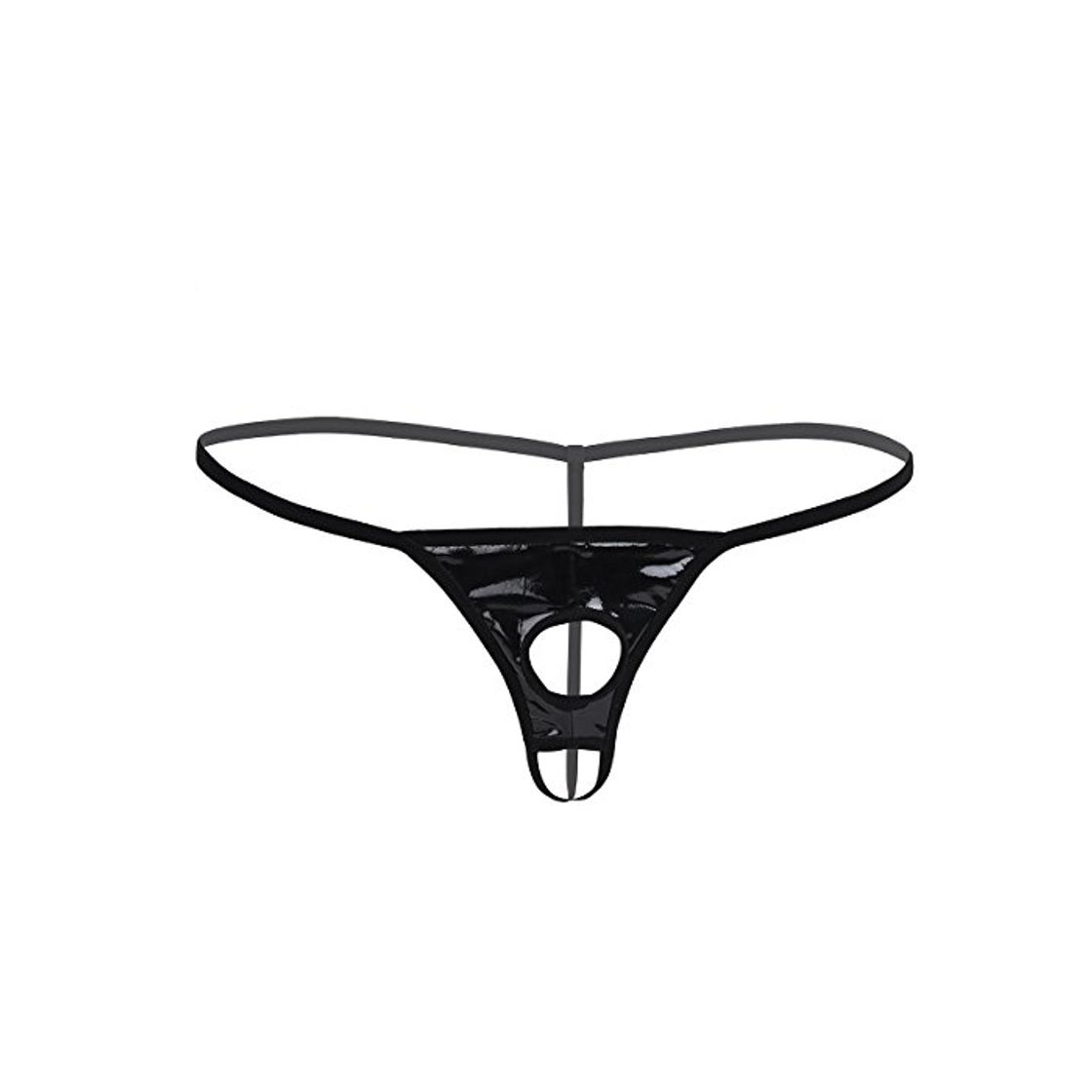 Moda Freebily Tanga de Charol para Hombre Ropa Interior Masculina con Hueco en el Saco Negro M