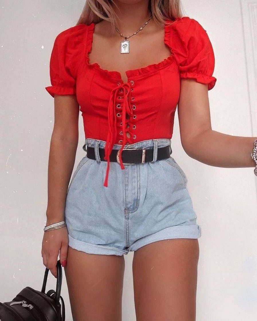 Fashion Red blouse + denim shorts