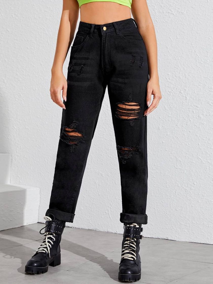 Social SHEIN vaqueros rotos con lavado negro