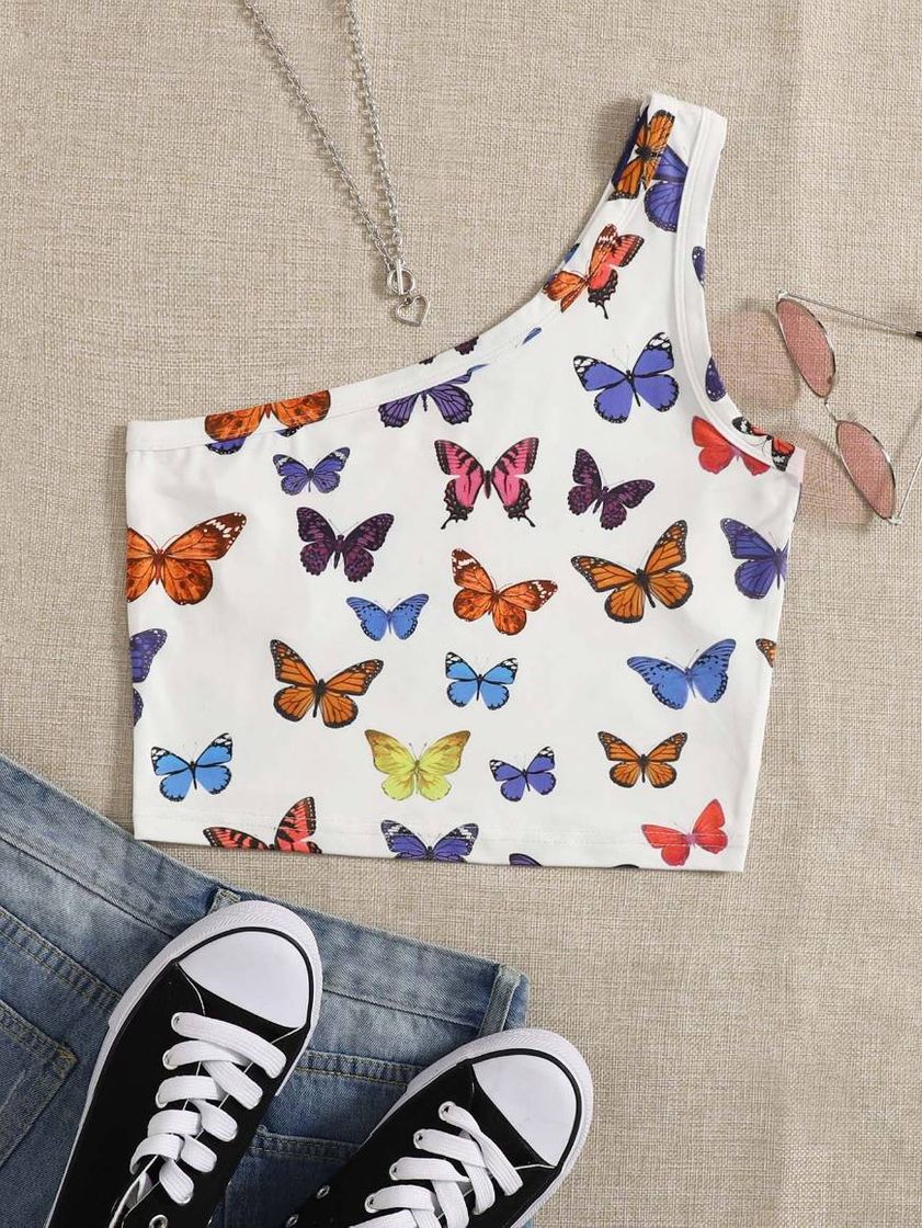 Social SHEIN top con estampado de mariposa con un hombro