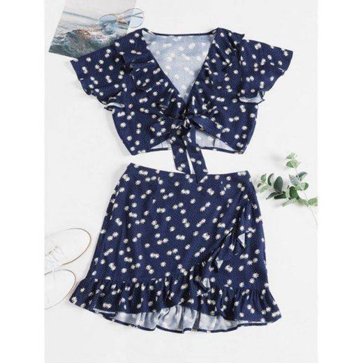 Daisy Print Knotted Ruffles Two Piece Suit Lapis Blue 