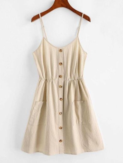 Smocked Mock Button Cami Pocket Dress