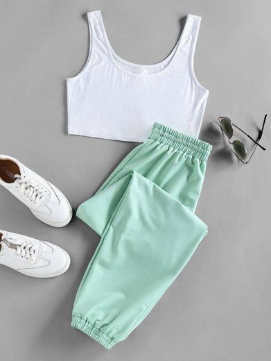 Crop Top and Drawstring Jogger Pants Set Light Green