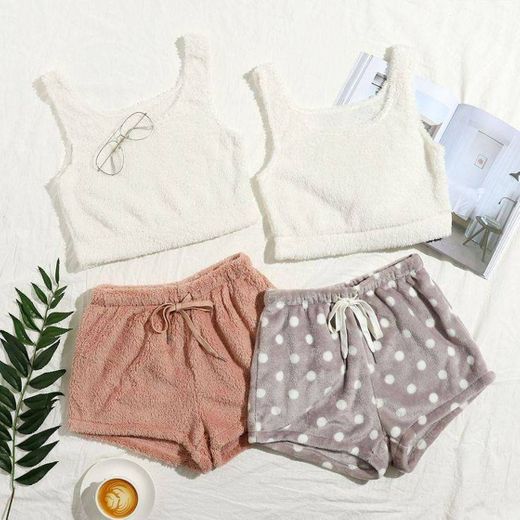 Solid Tank Top & Polka Dot Flannel Shorts PJ Set