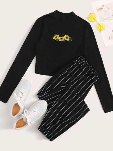 Flower Embroidered Crop Tee & Striped Sweatpants Set