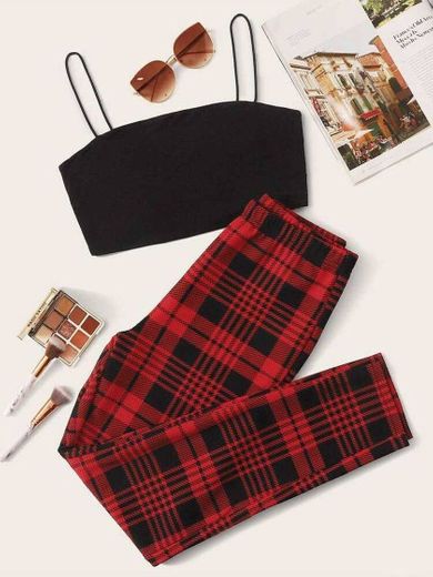 Solid Crop Cami Top & Plaid Leggings Set