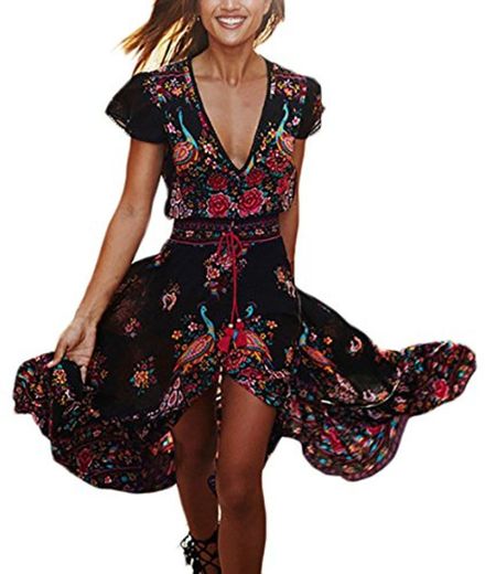 Mujer Vestidos Largos De Verano Vestidos Playa Elegantes Manga Corta V Cuello Casual Vintage Hippie Boho Flores Vestidos Verano Vestido Largo