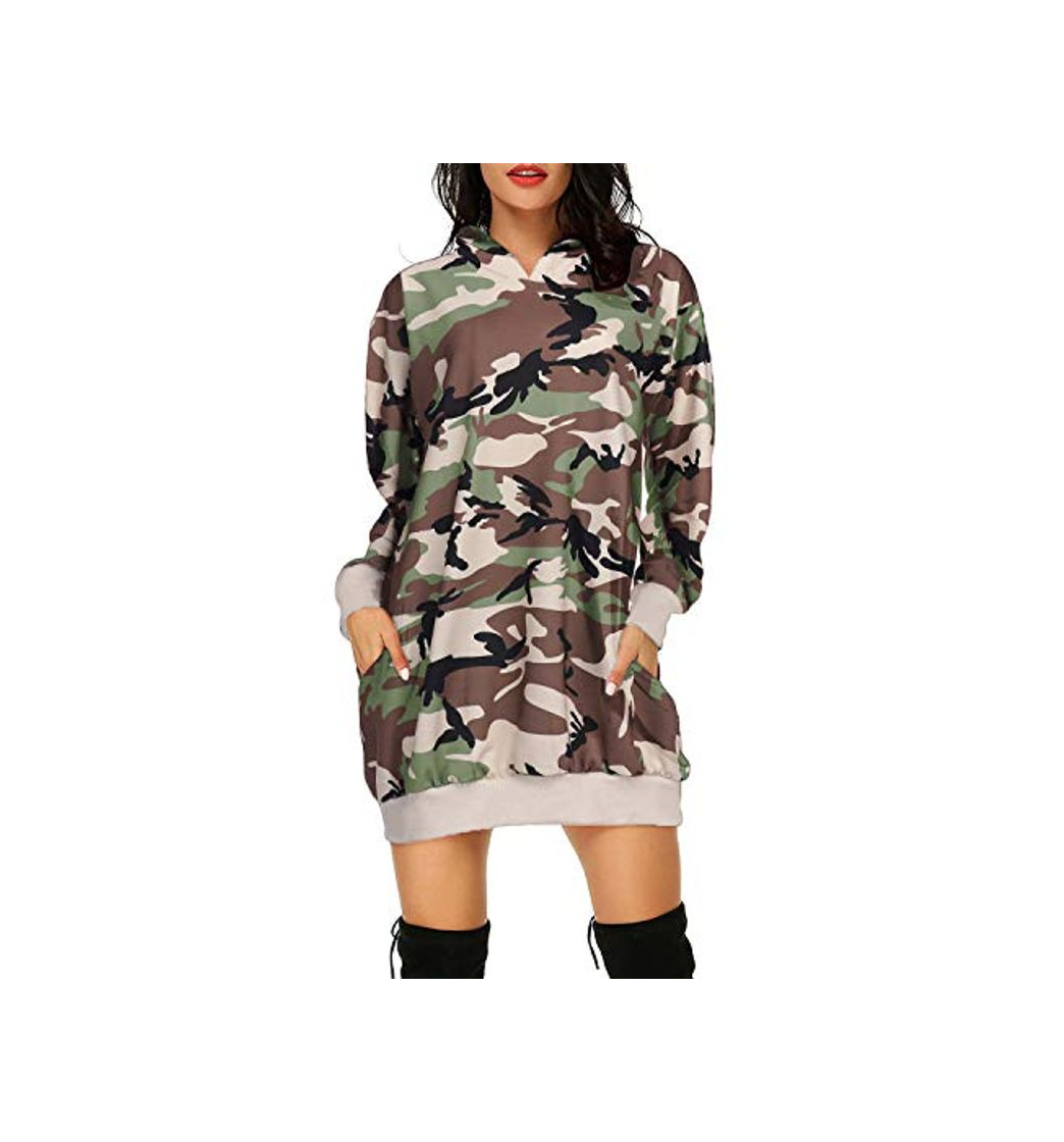 Moda Auxo Sudaderas con Capucha para Mujer Jersey Manga Larga Camuflaje Bolsillos Casual Talla Grande Sudadera Vestido Hoodie Camuflaje 3XL