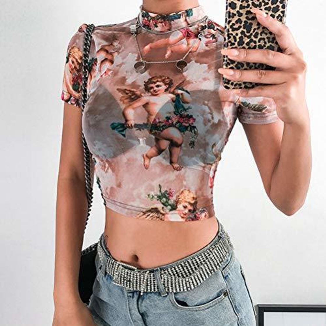 Social Mujeres Manga Corta Falso Cuello Ángel Imprimir Sexy Sheer Mesh Crop Tops