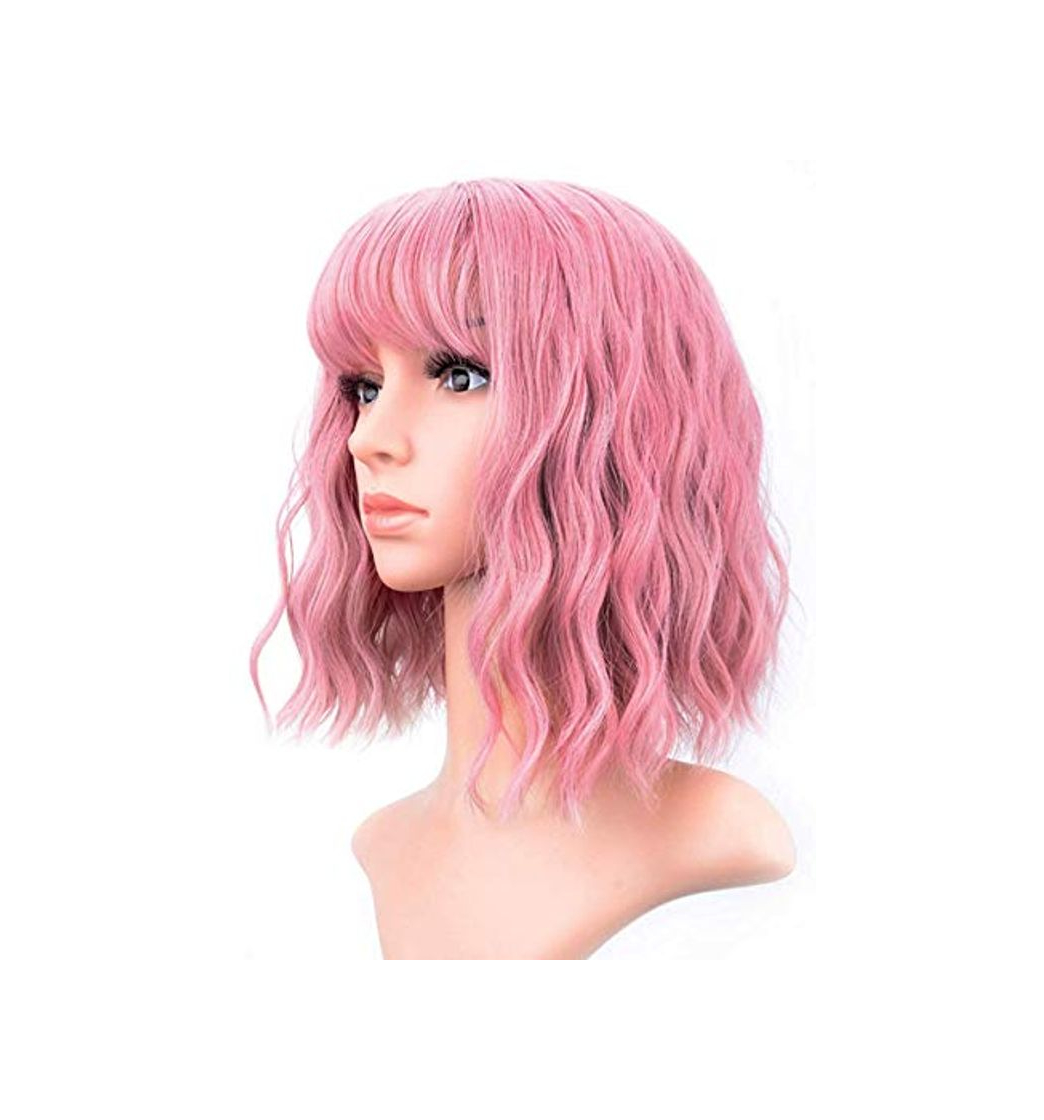 Producto Peluca Mujer Pelo Corto Rosa con Flequillo Estilo Bob Rizada Ondulada a la Altura de los Hombros Sintética de 12 Pulgadas o 30 Centímetros Cómoda y Fácilmente Ajustable