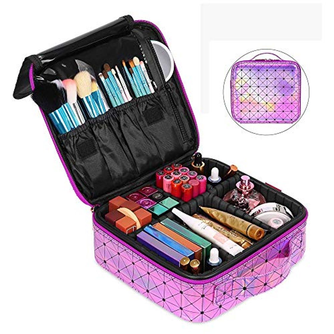 Social El maquillaje del caso cosmético lindo bolsa caso de trenes Profesional for la Mujer del organizador del recorrido del maquillaje de cuero con el cepillo Sección divisores extraíbles for Cosmética Maq