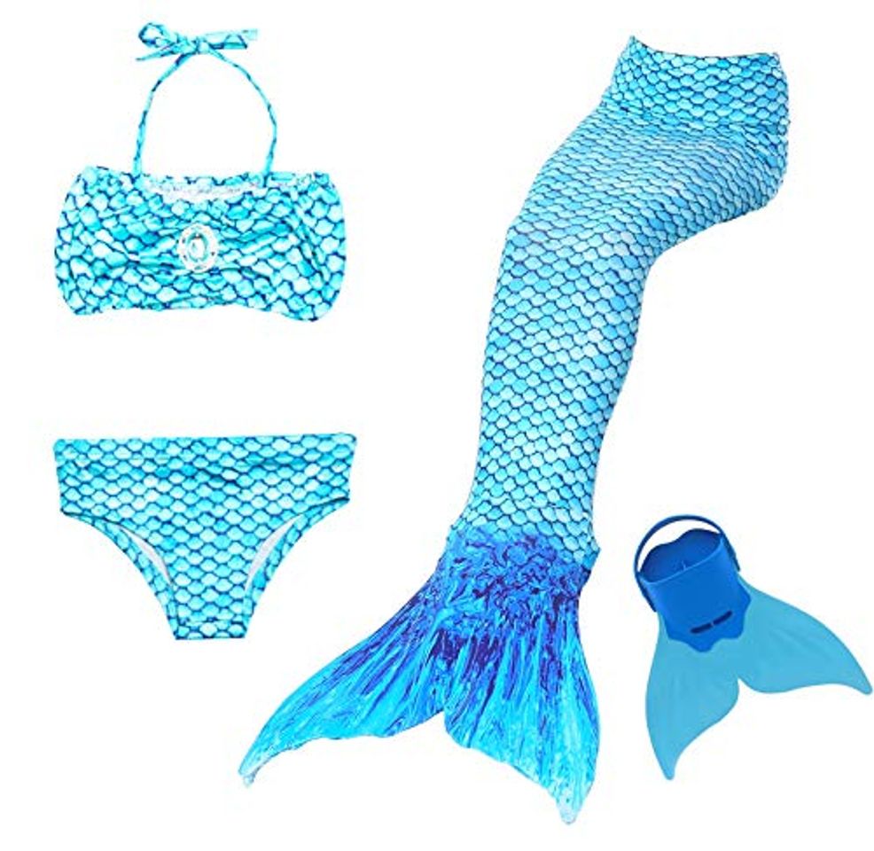 Social Cola de Sirena para Natación Traje de Baño 4pcs Mermaid Bikini con Monofín Establece para Niña Disfraz de Sirena Princesa Cosplay Conjuntos