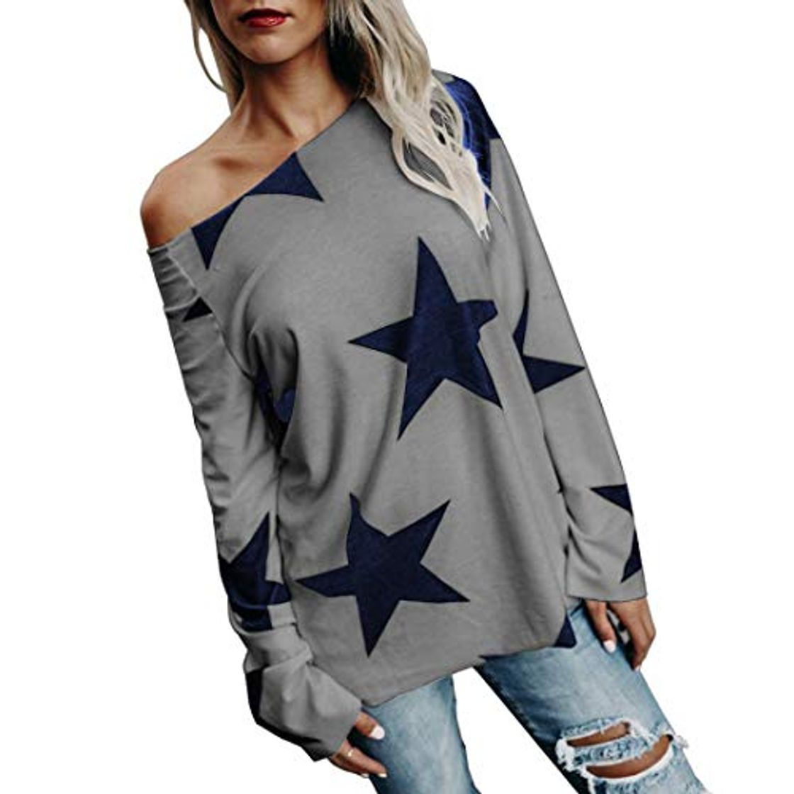 Fashion MEIbax 2018 Deportes Moda Mujer Chica Strapless Sudadera Estrella Manga Larga Suelta Recorte su¨¦TER Jersey Tops