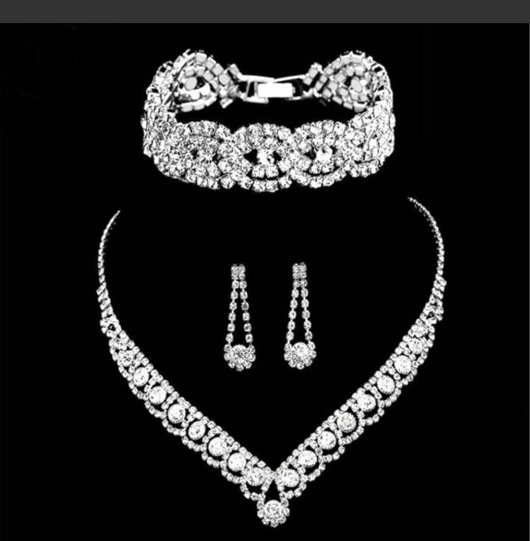 Social Conjunto Colar Brinco Pulseira Prateado Brilhante Cristal 