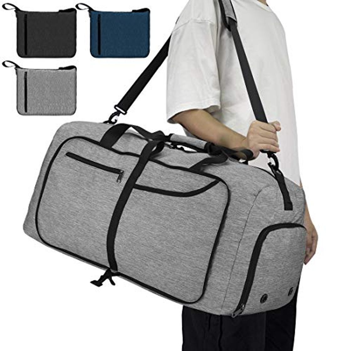 Moda NEWHEY Bolsa de Viaje 65L Plegable Ligera Bolsa Deporte Hombre Impermeable Bolsa Fin de Semana con Compartimento Zapatos para Mujeres Gris