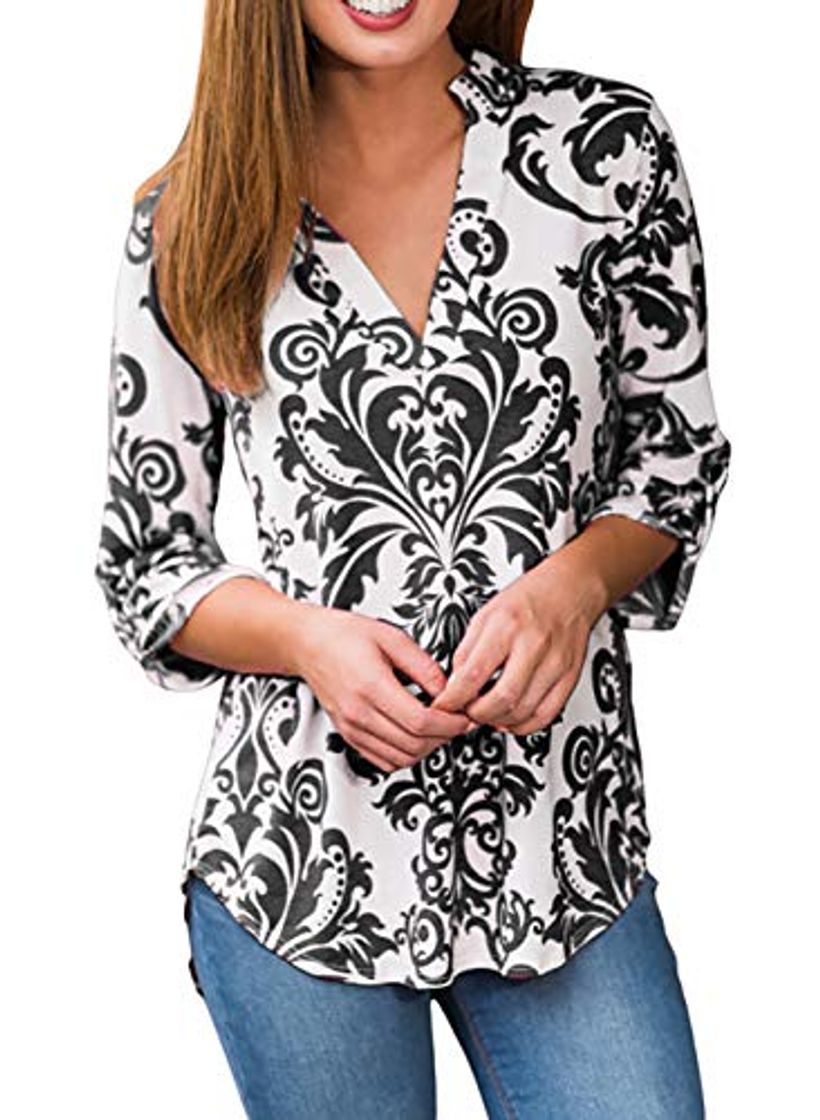 Moda Mujeres Camisa Elegante Blusa Mangas Largas Camiseta Polsillo Escote V