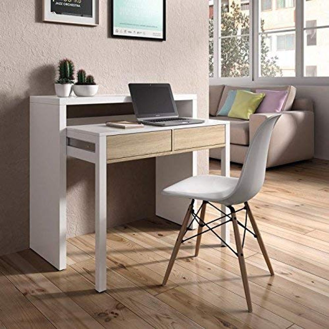 Productos Habitdesign - Mesa Escritorio Extensible, Mesa Estudio Consola, Color Blanco y Roble