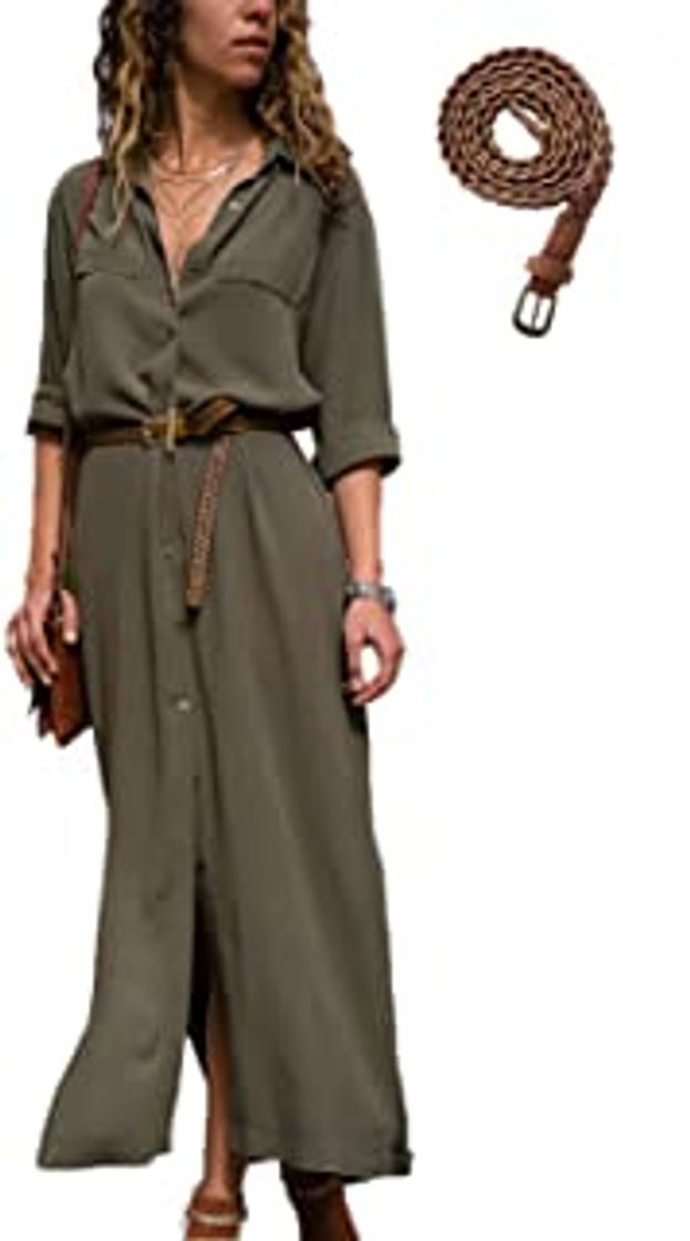 Social Mujer Vestidos Largos Casual Camiseros Manga Larga Botón Lateral De Hendidura Vestido