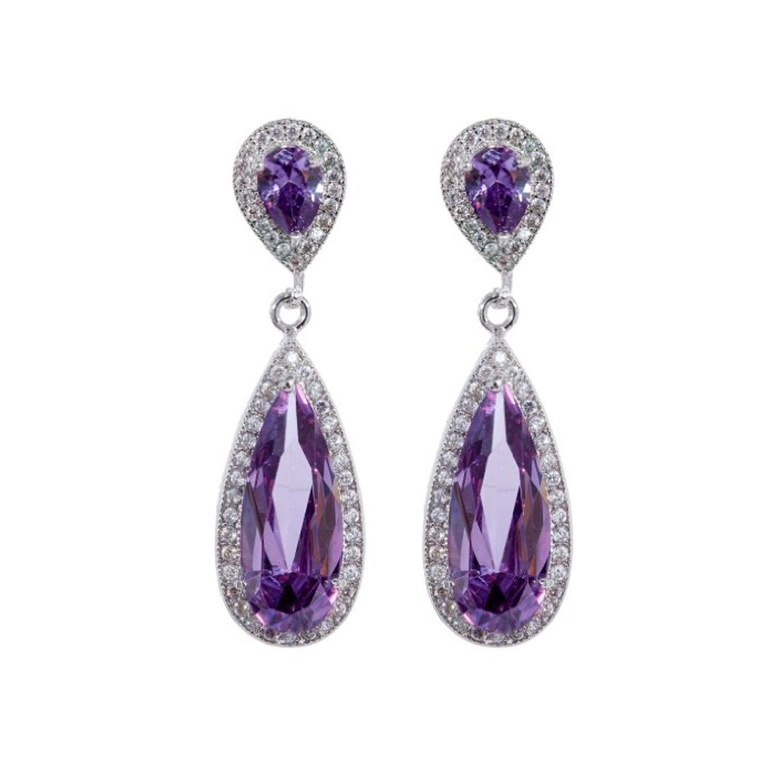 Fashion plata Plated Yazilind Pera corte rojoondo Violeta Blanco Pendientes Circonita perfecto largo cuelgan cúbicos