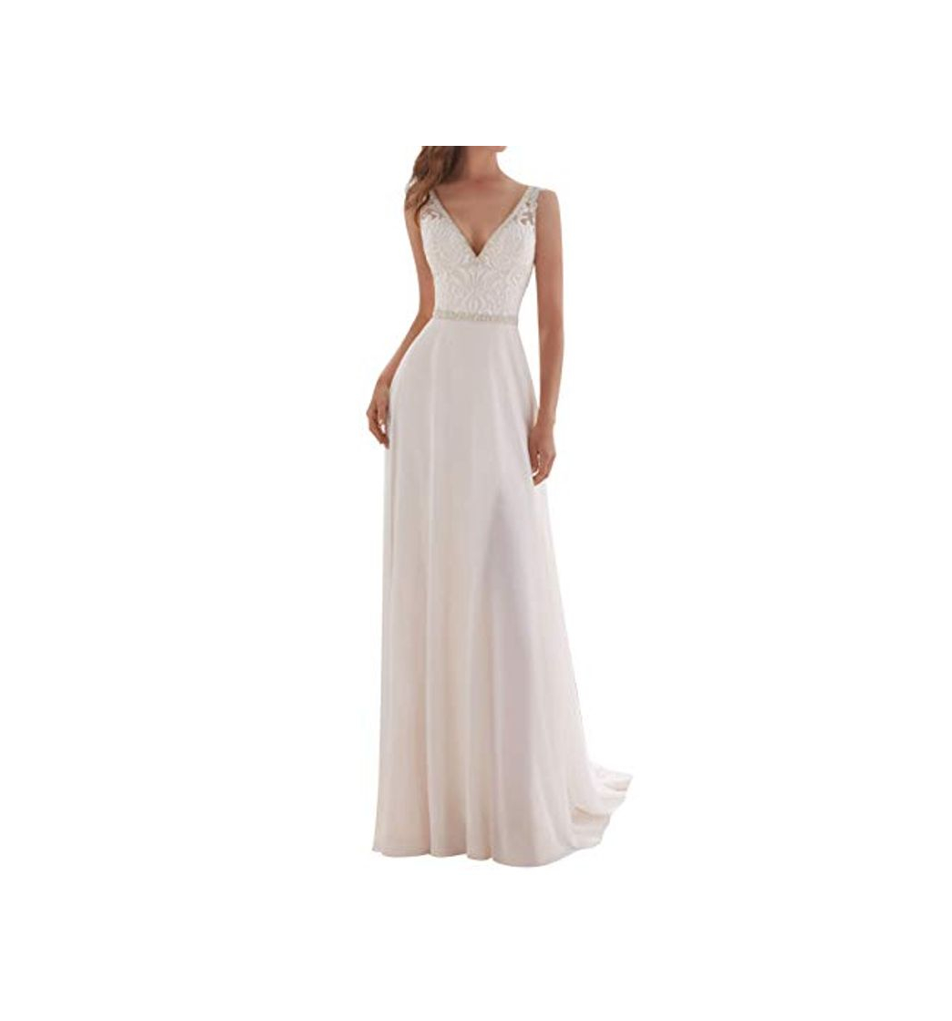 Social JAEDEN Vestidos de Novia Largo Mujer Vestido de Boda Gasa Encaje V-Cuello