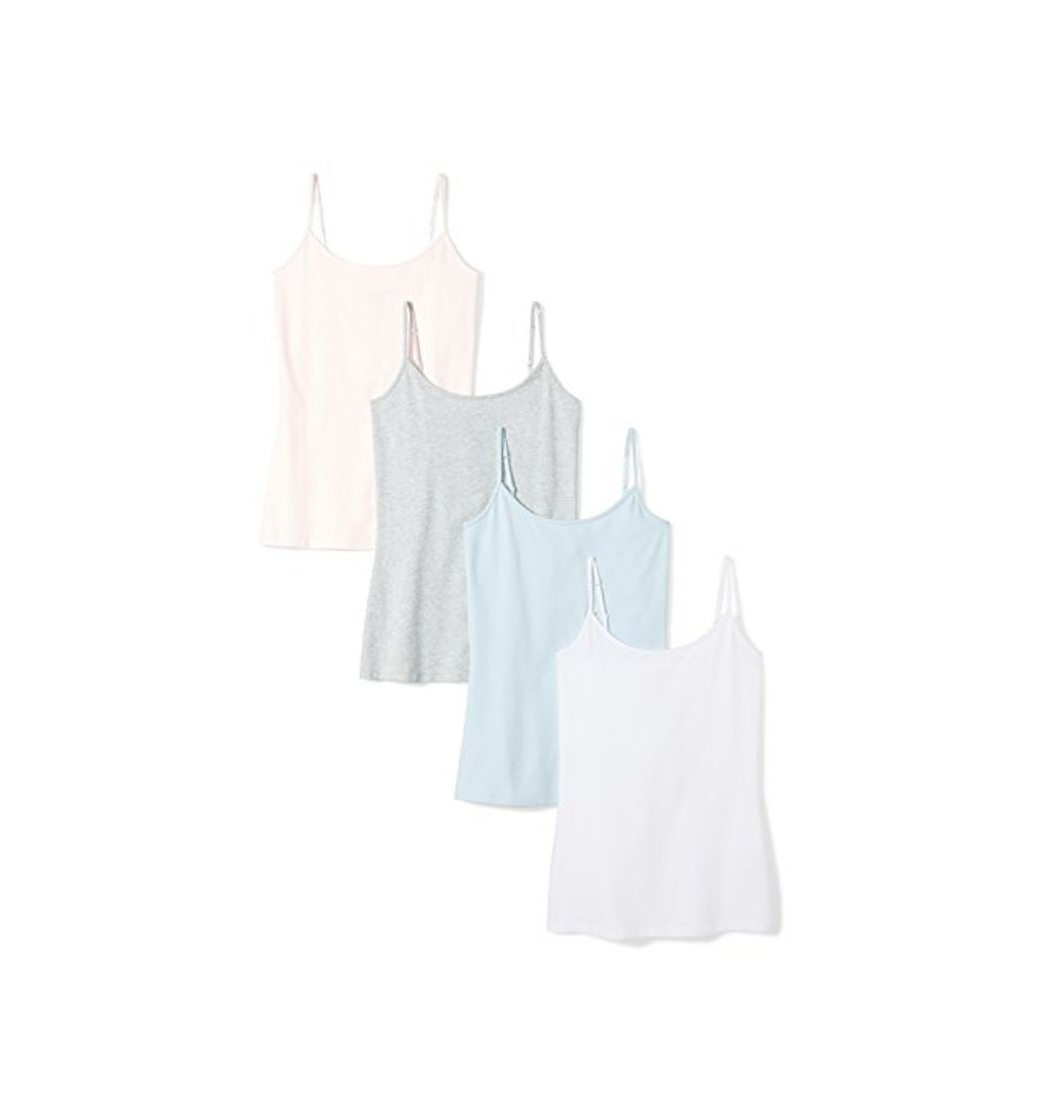 Moda Amazon Essentials 4-Pack Camisole Tank-Top-and-Cami-Shirts, Grey Heather/White Pink/Light Blue, US L