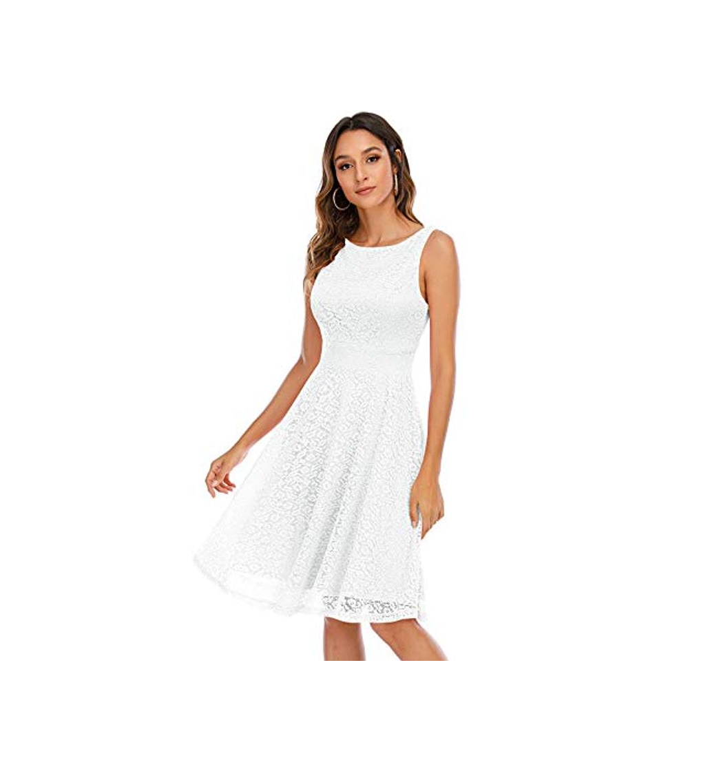 Fashion Bbonlinedress Vestido Corto Elegante Mujer De Encaje Boda Playa Fiesta Noche Cóctel Sin Mangas White XL