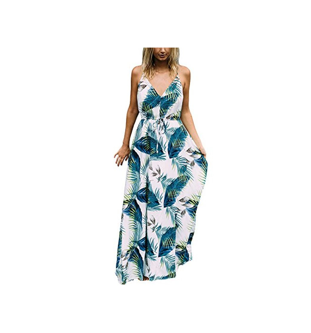 Moda Auxo Vestido Largo Verano Mujer Impresión Floral Vestidos Bohemios Sin Mangas Cuello V Vestido Playa Largo Tirantes Blanco3 S