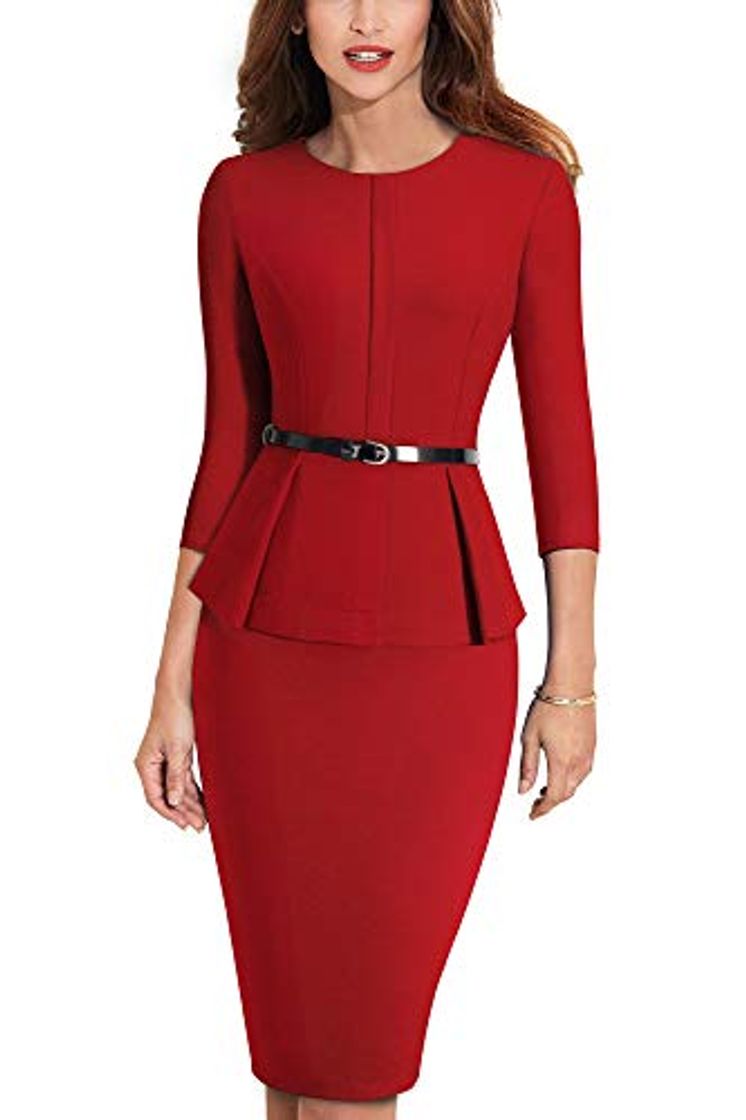 Social HOMEYEE Negocio Vestido de Mujer Cuello Redondo Peplo Cinturón B473