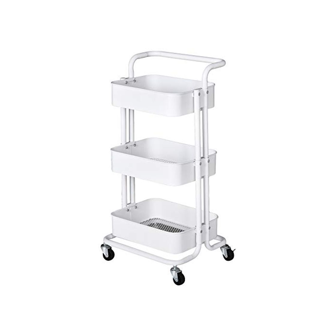 Social HOMCOM Carrito Auxiliar de 3 Niveles con Ruedas y 3 Baldas Malla Metálica para Cocina Oficina Baño Carro Multiuso de Almacenamiento con Pasamanos Carga de 20kg Blanco 44x38x88cm
