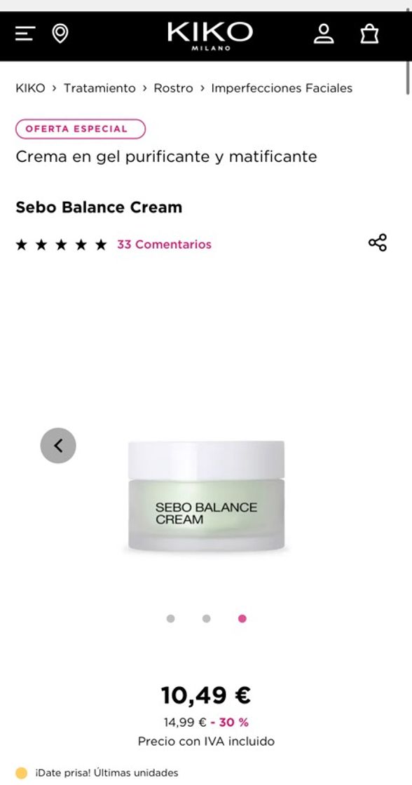 Product Crema en gel purificante y matificante -Sebo Balance Cream- KIKO