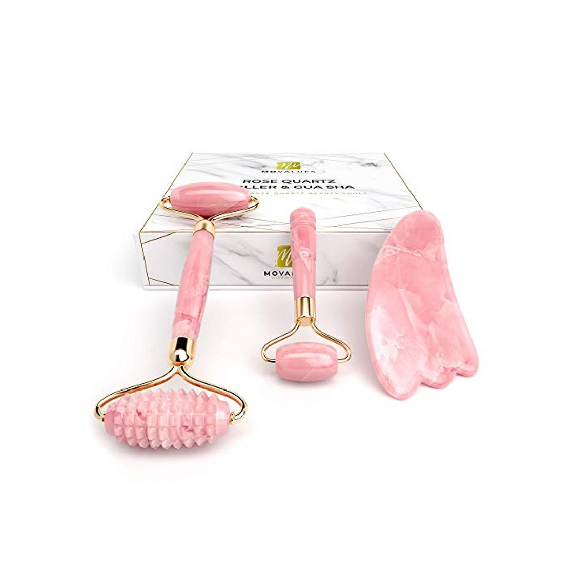 Product Rodillo Facial de Cuarzo Rosa, Gua Sha y Masajeador para Contorno de