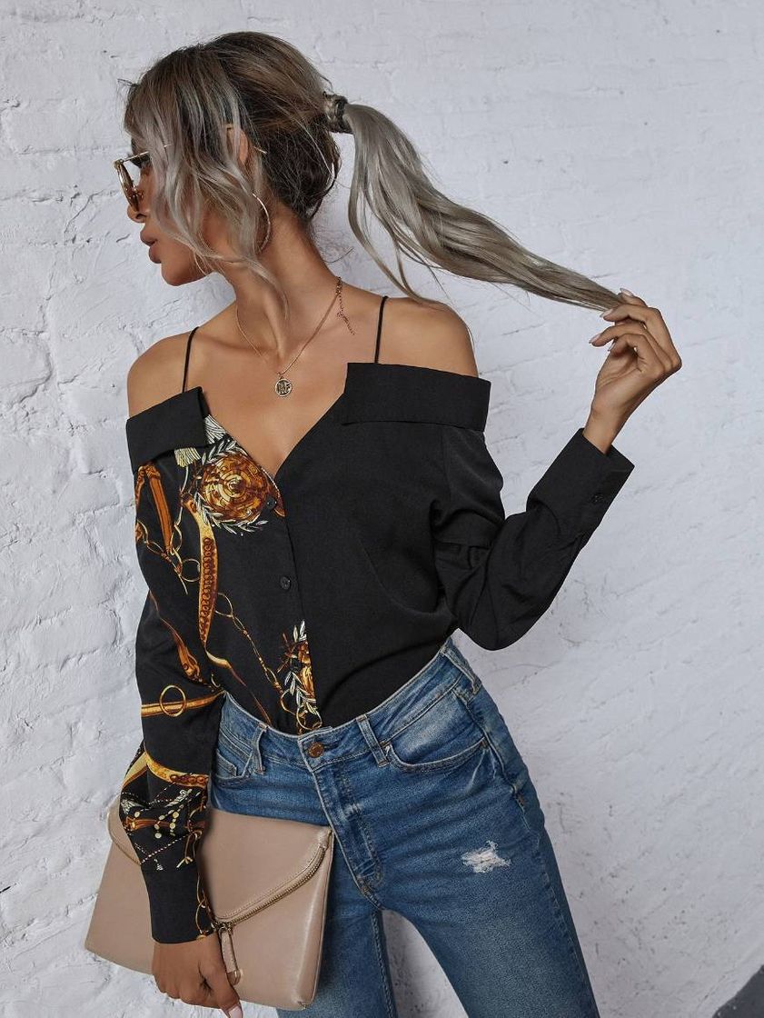 Fashion Butões na frente Estampado cadena Boho Blusa