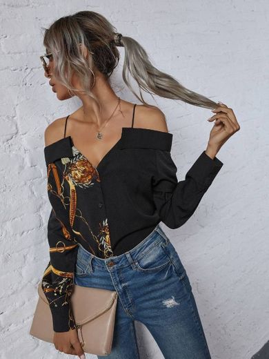 Butões na frente Estampado cadena Boho Blusa