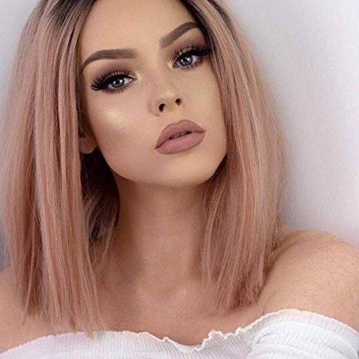 Cosswigs Ombre Pink Wig for Women Short Bob Ombre Lace Front Wigs Heat Resistant Synthetic Hair Lace Wig 14inches