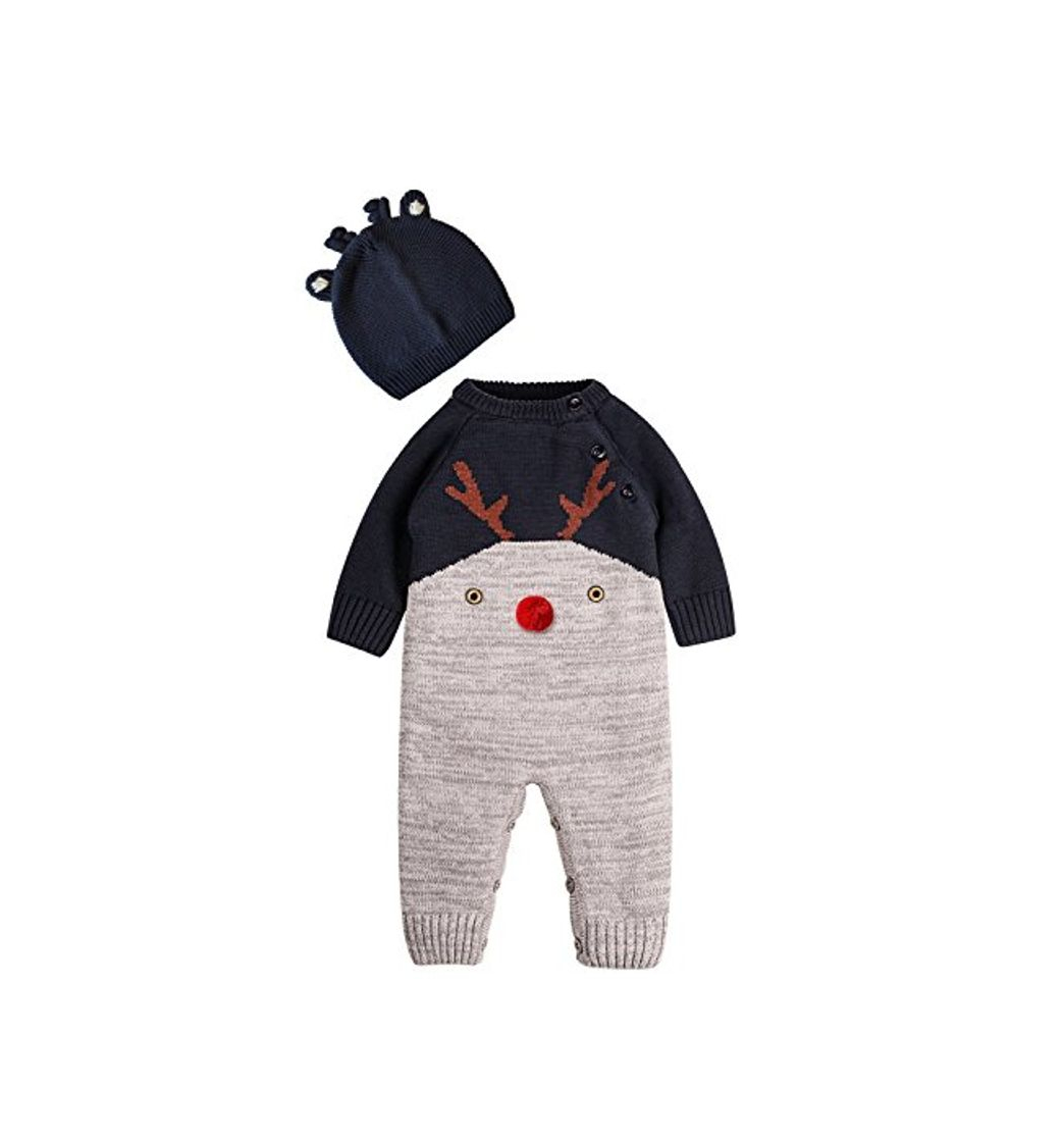 Moda ZOEREA Bebé Niñas Niños Mameluco Navidad Mono Algodón Conjunto de Ropa con Gorra Manga Larga de Ciervo Hecho Punto Cálido Suéter Onesie