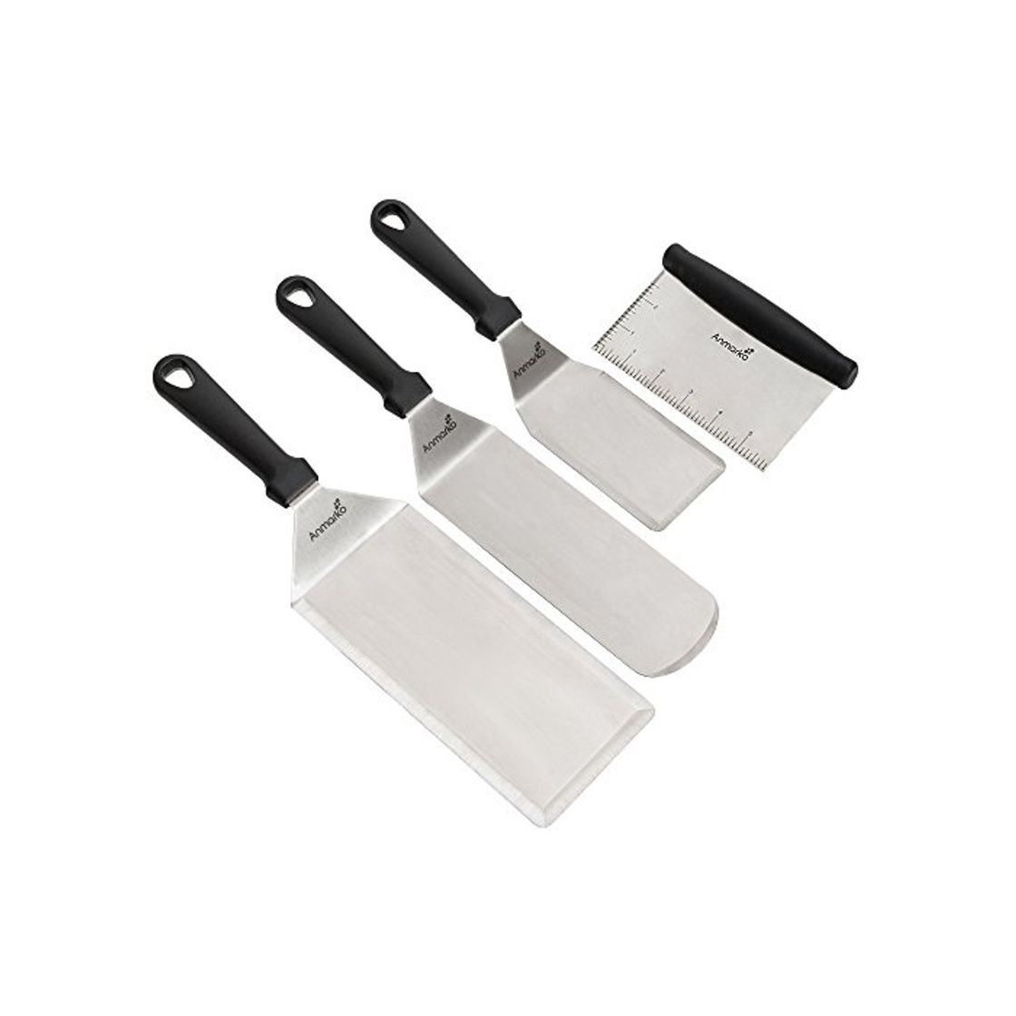 Product Set de 4 utensilios de cocina de acero inoxidable – 1 Espátula grande para asador – 1 volteador de metal – 1 rasqueta de panadero – 1 espátula para repostería – Anmarko