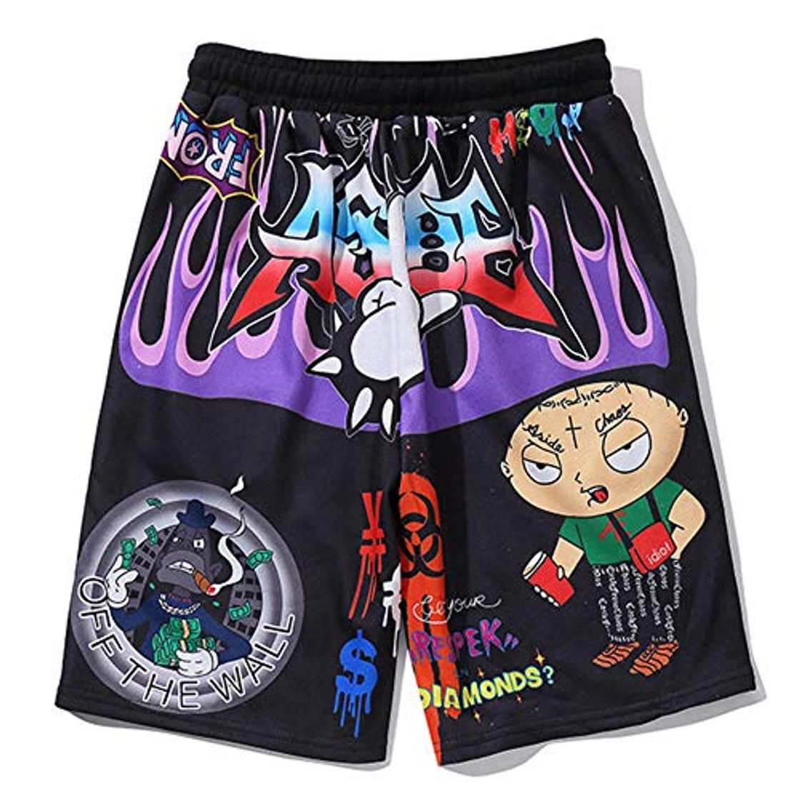 Moda Pantalones Cortos Hombres Dibujos Animados Graffiti Imprimir Bermudas Playa Pantalones Cortos hasta la Rodilla Hip Hop Cintura elástica High Street Summer Pantalones de chándal