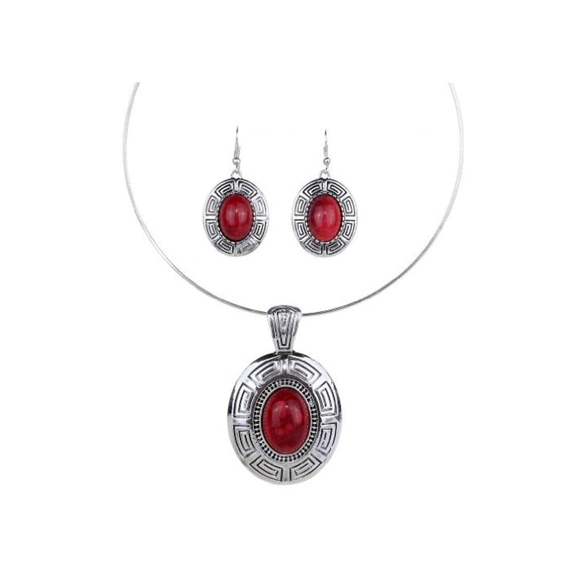 Fashion YAZILIND Plata Tibetano étnico Declaración Oval Rojo Turquesa Colgante Pendientes Collar Babero de la joyería