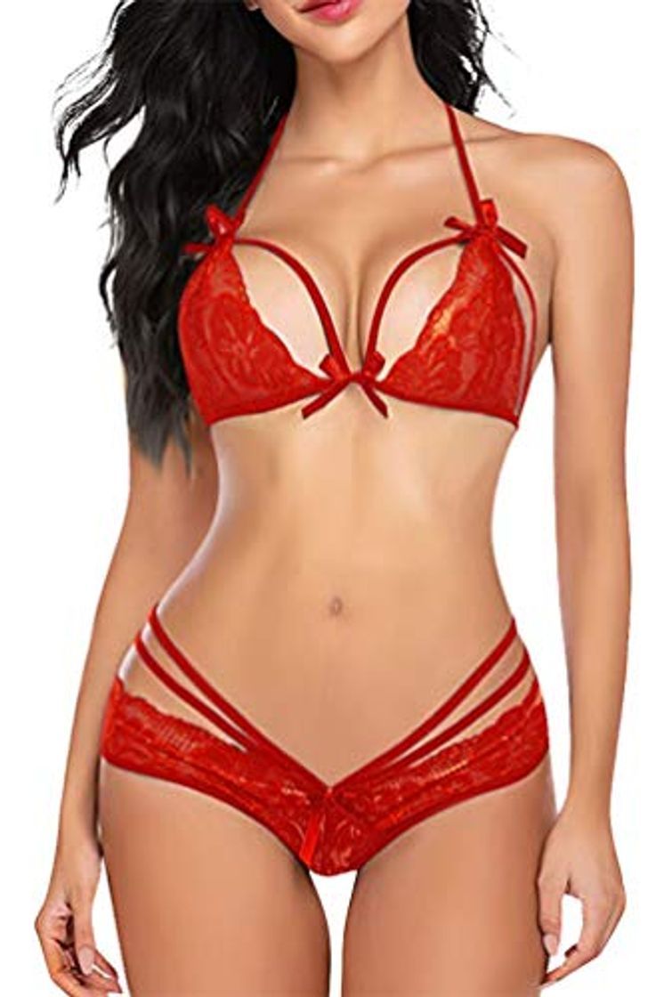 Product Voqeen Lencería de Mujer Babydoll de Encaje 2 Piezas de Sujetador y Bragas Sexy Vestido de Tirantes Copa de Encaje Ropa de Dormir