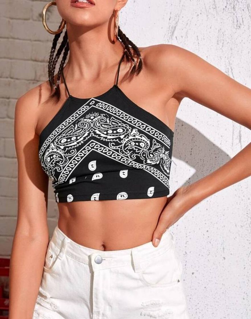 Fashion Top Halter Con Tira Cruzada Con Estampado Paisley Tribal

