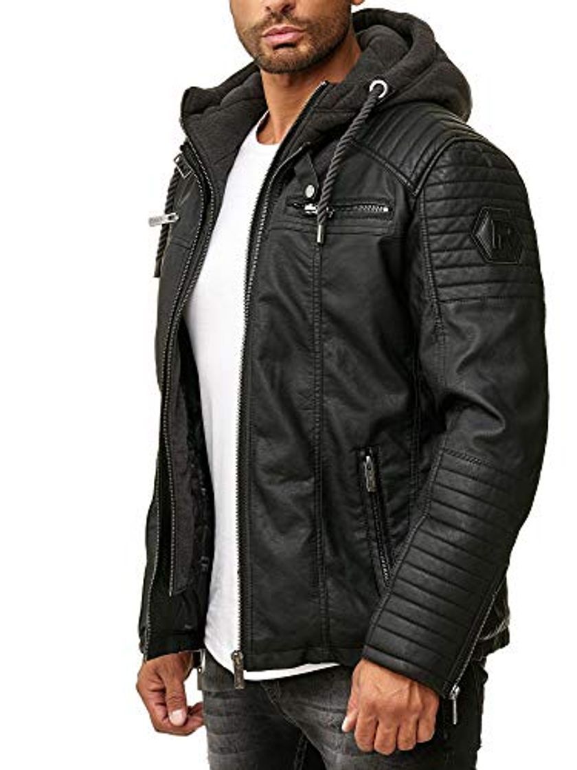 Fashion Chaqueta Red Bridge de Hombre Cuero Sintético Casual y Jersey acolchonado con Capucha Negro